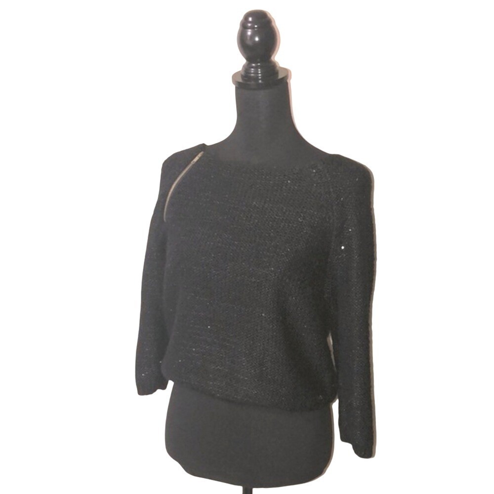 Poof Couture Sequin Knit‎ Shoulder Zip Pullover Black Womens Large